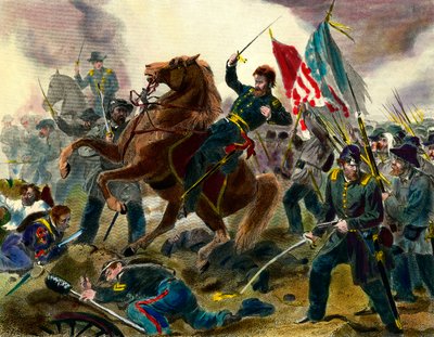 Avsnitt av Secessionskriget (1862-1865) eller inbördeskriget i USA: American General of Union Forces Ulysses Simpson Grant (1822-1885) under en strid mot trupperna i förbundsstaterna. Gravyr av 1800-talets Private Collecti av Unknown artist