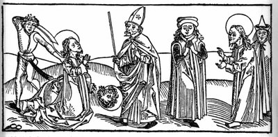 Avsnitt av Saint James the Majors liv: helgonet halshuggas under ögonen av Herodes av Agrippa, kungen av Judeen. Gravyr från "Leben der Heiligen - sommerteil" (Helgonets bok) av Jacobus (James) av Voragine (1228-1298). Lübeck 1488. av Unknown artist