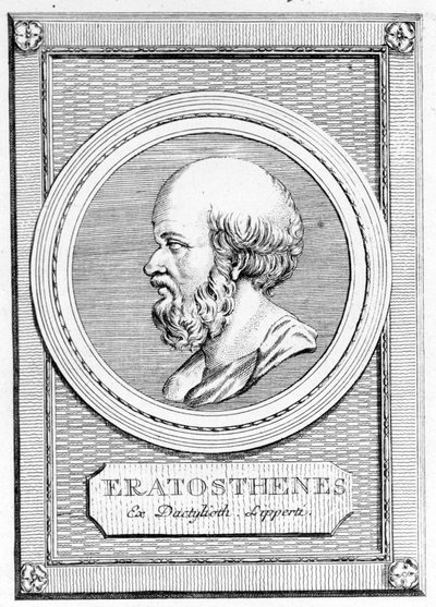Eratosthenes (275 f.Kr. - 195 f.Kr.) matematiker, astronom geograf och poet. Porträtt av efteråt: "Gallery of the ancient Greek and Romans", vol. II. Poschiavo 1784. av Unknown artist