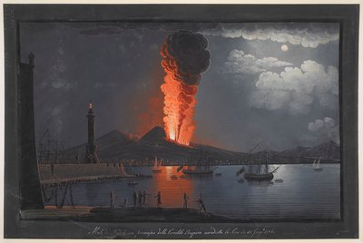 Vesuvius utbrott. Nattlig scen, med en grupp figurer som överväger vulkanen Vesuvius utbrott från den motsatta sidan av Neapelbukten, fyren till vänster, fartyg som seglar till höger och staden och vulkanen i bakgrunden; inom ram sid av Unknown artist