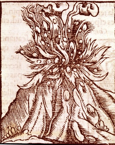 Utbrott av en vulkan. 1500-talsgravyr. av Unknown artist