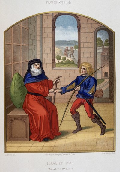 Esau med sina jaktvapen och sin far Isak. 1800-talets kromolitografi. av Unknown artist