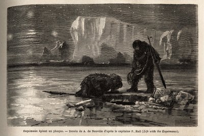 Eskimaljägare spionerar på en säl genom ett ihåligt hål i ispacken och väntar vid nattens grav för att harpunera den. Gravyr för att illustrera resan till den arktiska polens fria hav, av doktor Hayes, kirurg vid den amerikanska flottan, 1860-1862, av Unknown artist