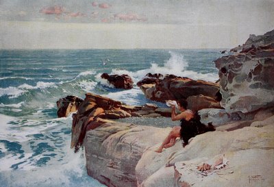 Kväll vid havet, ung man med ett stort skal som sitter på stranden av Unknown artist