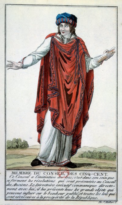 Direktionen: Kostym som medlem i Femcentsrådet. Gravyr av 1700-talets Paris, B.N. av Unknown artist