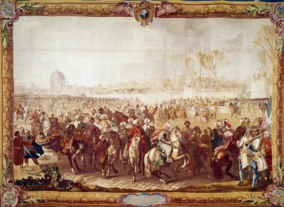 Turkiets ambassadör Mehmet Effendi lämnar Tuileriernas trädgård efter audiensen beviljad av kung Ludvig XV den 21/03/1721 1700-talsväv. Paris, nationella möbler av Unknown artist
