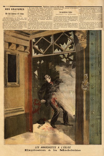 Explosionen i kyrkan La Madeleine i Paris, den anarkistiska brottslingen, det enda offret, har effekterna av sin egen bomb. Gravyr i "" Le petit journal"" 1894-03-26. Selvas samling. av Unknown artist