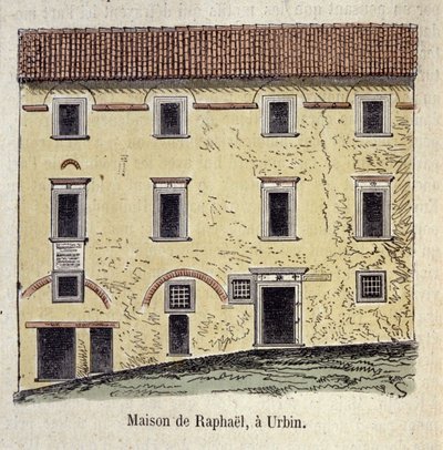 Fasad på huset där målaren Raffaello Santi (Raphael) (1483 - 1520) bodde i Urbin, Italien av Unknown artist
