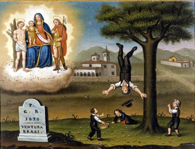 Fall av ett träd. Överst till vänster Madonnan mellan San Sebastian och San Roch. Ex voto de 1870. av Unknown artist