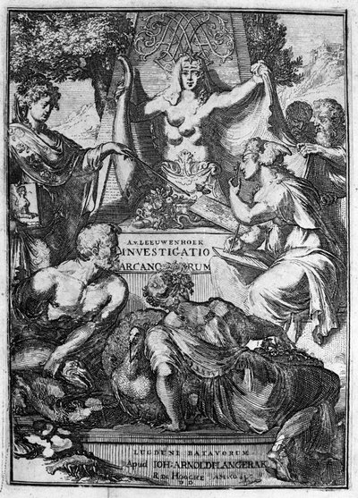 Falsk titel på verket "Investigato Arcanorum" av den holländska handlaren och forskaren Antoine van Leeuwenhoek (eller Leeuvenhoek Leeuwenhoeck) (eller Antoni eller Anthonie) (1632-1723) 1722. av Unknown artist