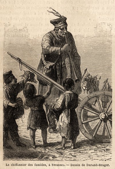 Familjelapp i Swansea. Teckning av Durand Brager, för att illustrera ett besök på de stora fabrikerna i Wales 1862, av L.Simonin. Gravyr i "" Le tour du monde"", redigerad av Edouard Charton av Unknown artist