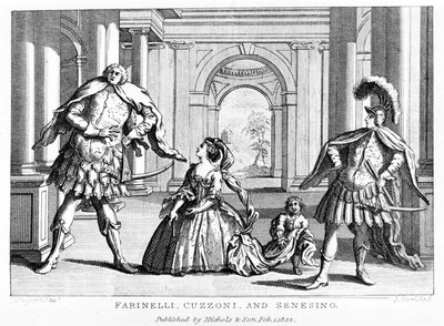 Farinelli (Carlo Broschi, dit; 1705 - 1782) med sopranen Cuzzoni och kastraten Francesco Bernardo Senesino (1680 - 1750) i opera av George Frederick Handel (Georg Friedrich Handel av Unknown artist