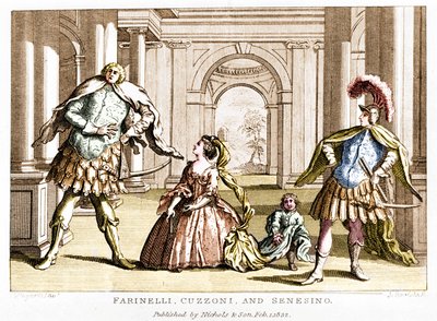 Farinelli (Carlo Broschi, dit; 1705 - 1782) med sopranen Cuzzoni och kastraten Francesco Bernardo Senesino (1680 - 1750) i opera av George Frederick Handel (Georg Friedrich Handel av Unknown artist
