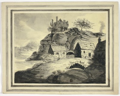 Gård med överhängande klippa och slott av Unknown artist