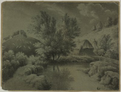 Gård med damm i förgrunden, kor som betar på kullen av Unknown artist
