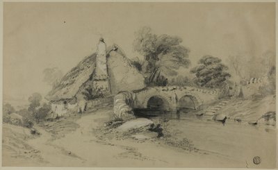 Gård med halmtak nära stenbron av Unknown artist
