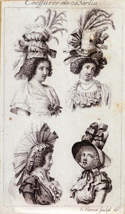 Mode 1700-talet: Berlinkvinnornas hattar. Gravyr från 1793. av Unknown artist