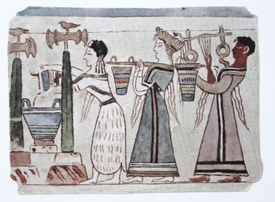 Mode, Egeiska feniciska kulturen, 2000-500 f.Kr. Kvinnor med vattenhinkar bakom en harpist av Unknown artist