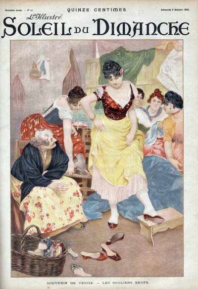Mode sent 1800-tal: nya skor från Venedig. Kvinnor som provar skor från den italienska staden. Gravyr i ”” Le sun-du-dimanche””, 8 oktober av Unknown artist