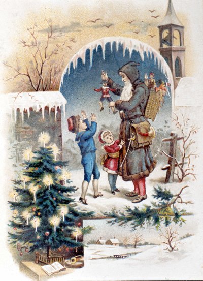 Jultomten med barn. 1892 kromolitografi. av Unknown artist