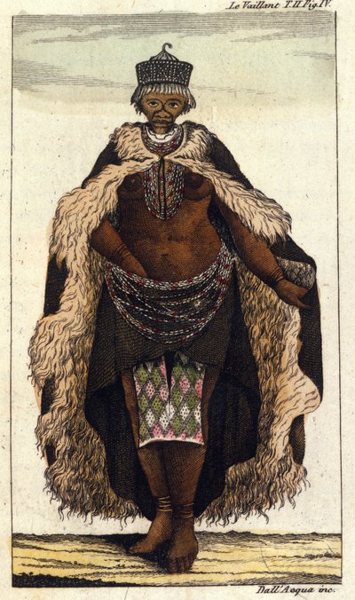 Kvinnlig medlem av den sydafrikanska stammen Hottentots, gravyr från 1820. av Unknown artist