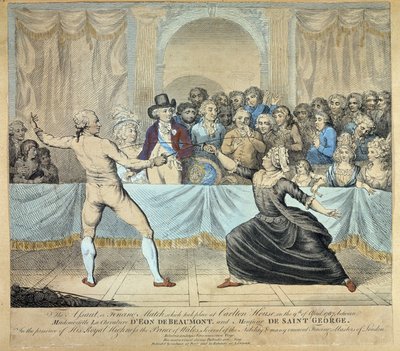 Fäktningslagsmål mellan riddaren av Eon de Beaumont och Monsieur de Saint George, 9 april 1787. Gravyr av Unknown artist