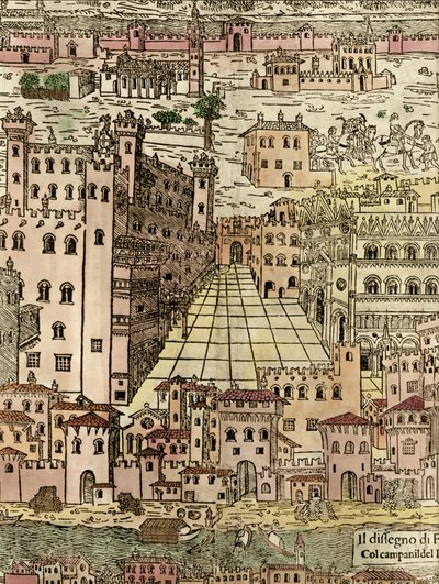 Ferrara: utsikt över staden, detalj av ett anonymt träsnitt av Unknown artist