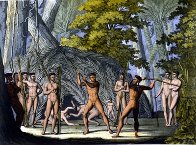 Kamp mellan botocudos, indianer i Brasilien - i "" Den gamla och moderna kostymen"" av Ferrario, red. Milano av Unknown artist