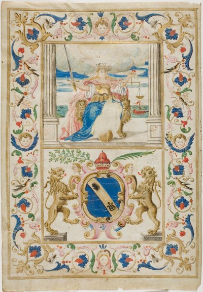 Rättvisefigur och sköld med uppstötta lejon av Unknown artist