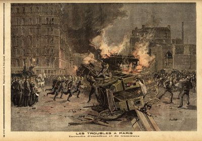 Brand av omnibusar och spårvagnar i Paris: en brutalt förtryckt studentdemonstration förvandlas till ett allmänt upplopp. Gravyr i "" Le petit journal"" 1893-07-22. Selvas samling. av Unknown artist