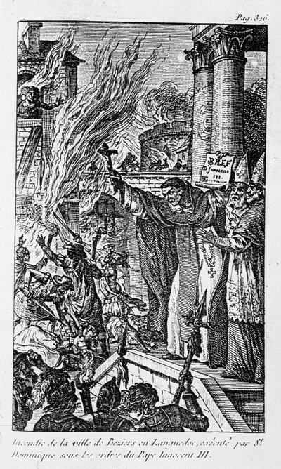 Brand i staden Béziers i Languedoc, avrättad av Saint Dominica under order av påven Innocentius III i "Religionens brott" av Unknown artist