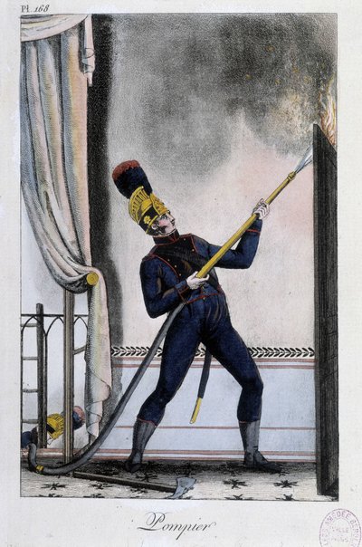 Brandman med vattenlans, släcker en brand - ca. 1830 av Unknown artist