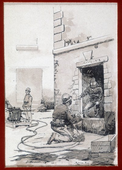 Brandmän: brandutrustning från källare. gravyr sd. 1800-talet av Unknown artist