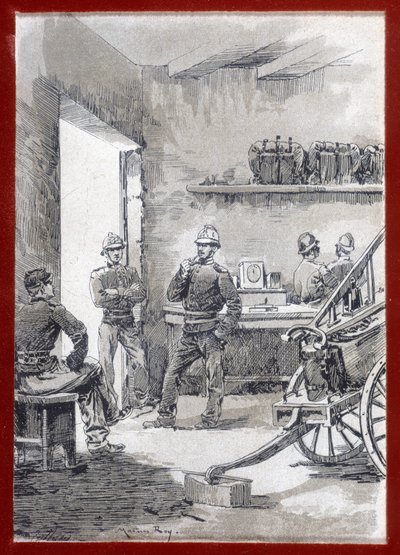 Brandmän i en barack: stadspost - n.d av Unknown artist