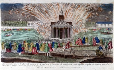 Fyrverkerier avfyrade vid Place de Louis XV den 30 maj 1770, med anledning av giftermålet mellan Louis Auguste, Dauphin av Frankrike med ärkehertiginnan Marie Antoinette, kejsarens syster. Gravyr sent 1700-tal. av Unknown artist