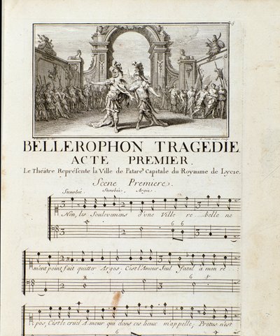 Första akten av "" Bellerophon "" Tragedie Lyrique i fem akter med en prolog av Jean Baptiste Lully (Giovanni Battista Lulli) (Jean-Baptiste) (1632-1687). 1714. av Unknown artist