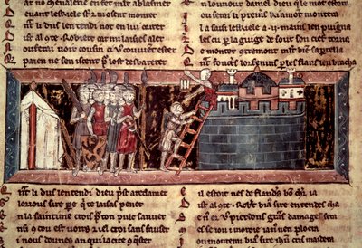 Första korståget: "Korsstågen som anländer före Jerusalem". Miniatyr från "" Chevalier au Swan et Godefroi de Bouillon"" av Unknown artist