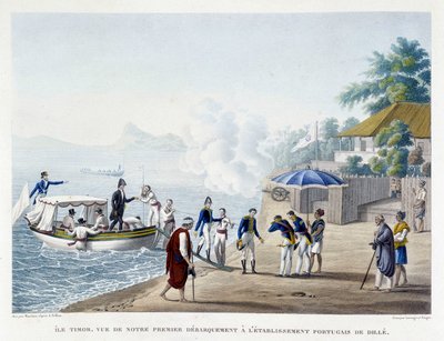 Fransmännens första barkning vid den portugisiska bosättningen Dille på ön Timor. av Unknown artist