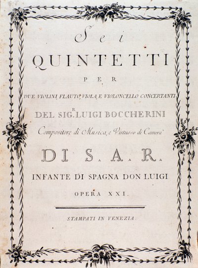 Första sidan av musikpartituren av "" Sex kvintetter för två violiner, violaflöjt och cello "" av Luigi Boccherini av Unknown artist