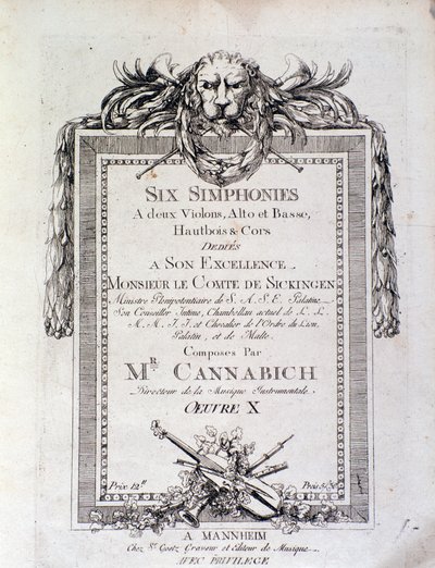 Första sidan av noterna till symfonin nr. 3 av Christian Cannabich av Unknown artist