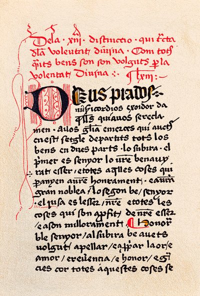 Första sidan i utgåvan av "Book of the Contemplation of God" (Fri från Guds betraktelse) katalanska filosofen och mystikern Ramon Llull (Raymond Lulle). av Unknown artist