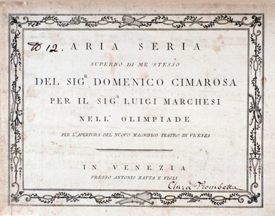Första sidan av musikmusiken till Aria Seria av Domenico Cimarosa av Unknown artist