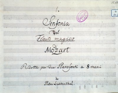 Första sidan av symfonipartituren reducerad till två pianon och åtta händer av Die Zauberflote, opera av Mozart, Lichtenthal-version (1800-talet) av Unknown artist
