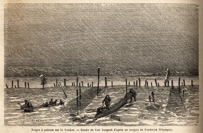 Fiskfällor, placerade på stranden av Yukonfloden (extrema norra Kanada). Gravyr för att illustrera resan och äventyren i engelska Colombia, Vancouver Island och Alaska, av Frederick Whymper av Unknown artist