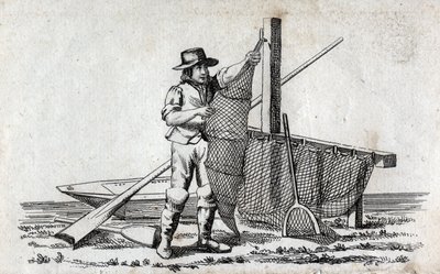 Fiskare och fisknät. Fin gravyr från 1700-talet. Privat samling. av Unknown artist
