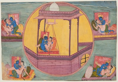 Fem poser av Krishna Making Love, från en Bikaner Bhagavata Purana av Unknown artist