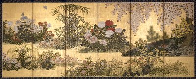 Blommor och fjärilar (bläck, färg och bladguld på papper) av Unknown artist
