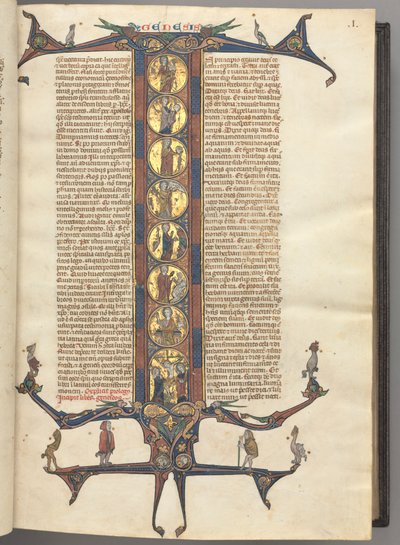 Fol. 1r, Genesis, med en historiserad initial I i full längd, som visar skapelsen och korsfästelsen, allt på brännförgylld botten, med diapererade rosa och blå ramar och spetsiga drak- och bladförlängningar upptill och nedtill, på vilka det sitter en mängd av Unknown artist