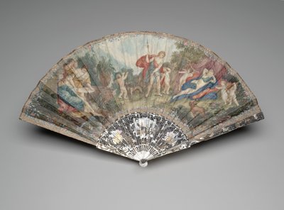 Vikbar fläkt med "Adonis Leded by Cupids to Venus", efter Francesco Albani, fäste c.1720-1730-tal, vakter och pinnar c.1740-1750-tal (gouache & akvarell på dubbelt velängblad, pärlemor, förgyllning & klistrade pärla ) av Unknown artist