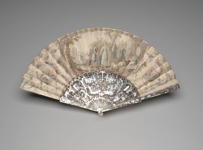 Vikbar solfläkt med Jacob möter Rachel vid brunnen, ca 1760-70-tal (gouache och akvarell på enstaka pergamentblad, pärlemor, förgyllning och klistra ädelstenar) av Unknown artist